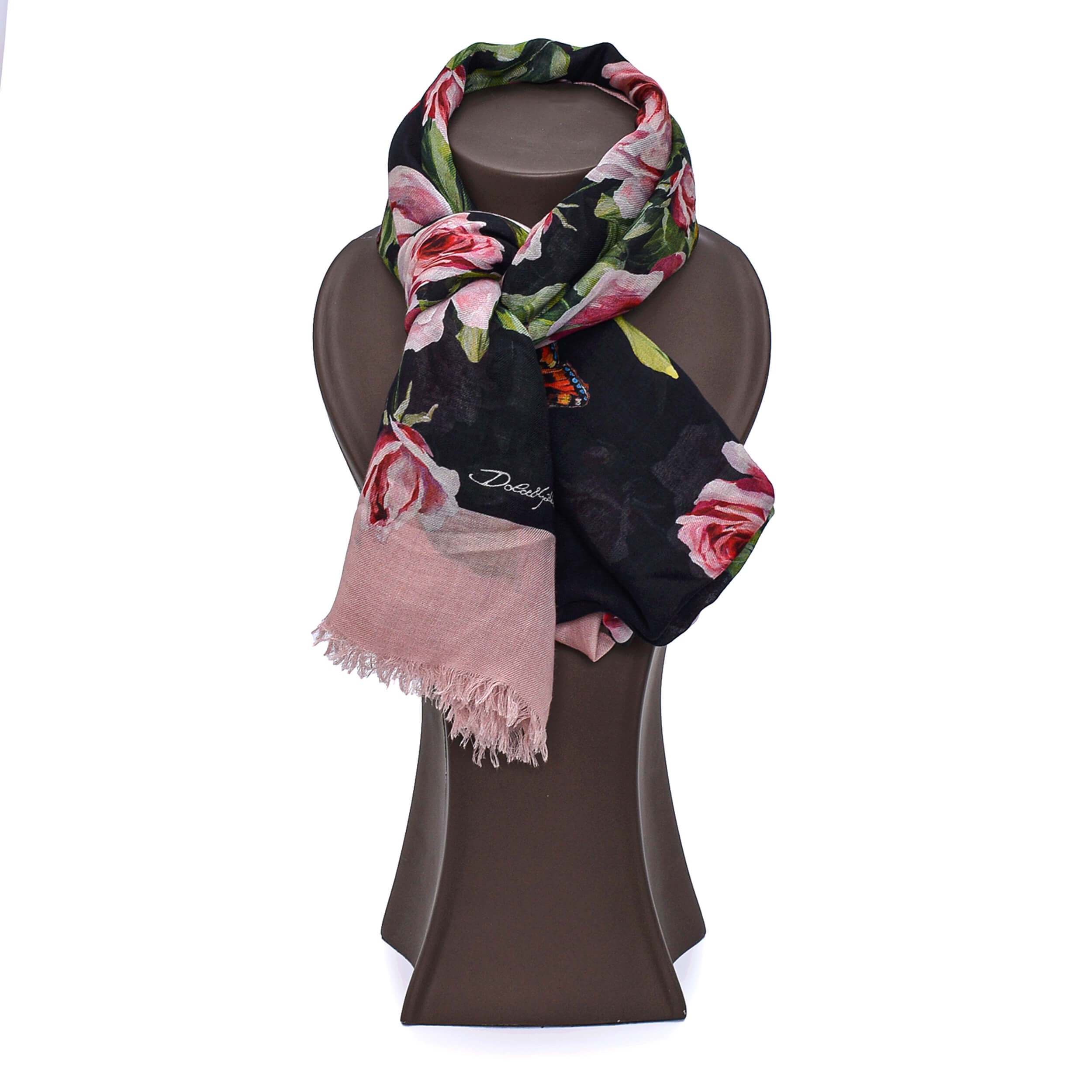 Dolce Gabbana- Pink and Black Floral Print Cotton and Cashmere Shawl